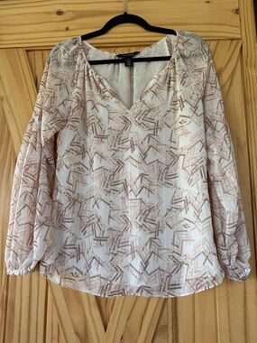 White House Black Market Cream and Blush Geometric V-Neck Blouse